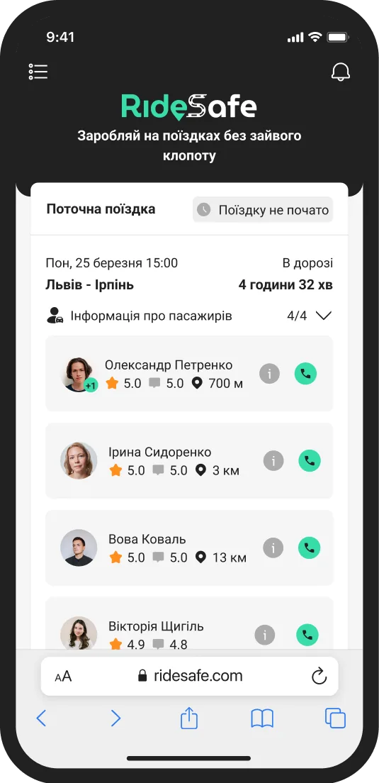 RideSafe - passenger information in the app